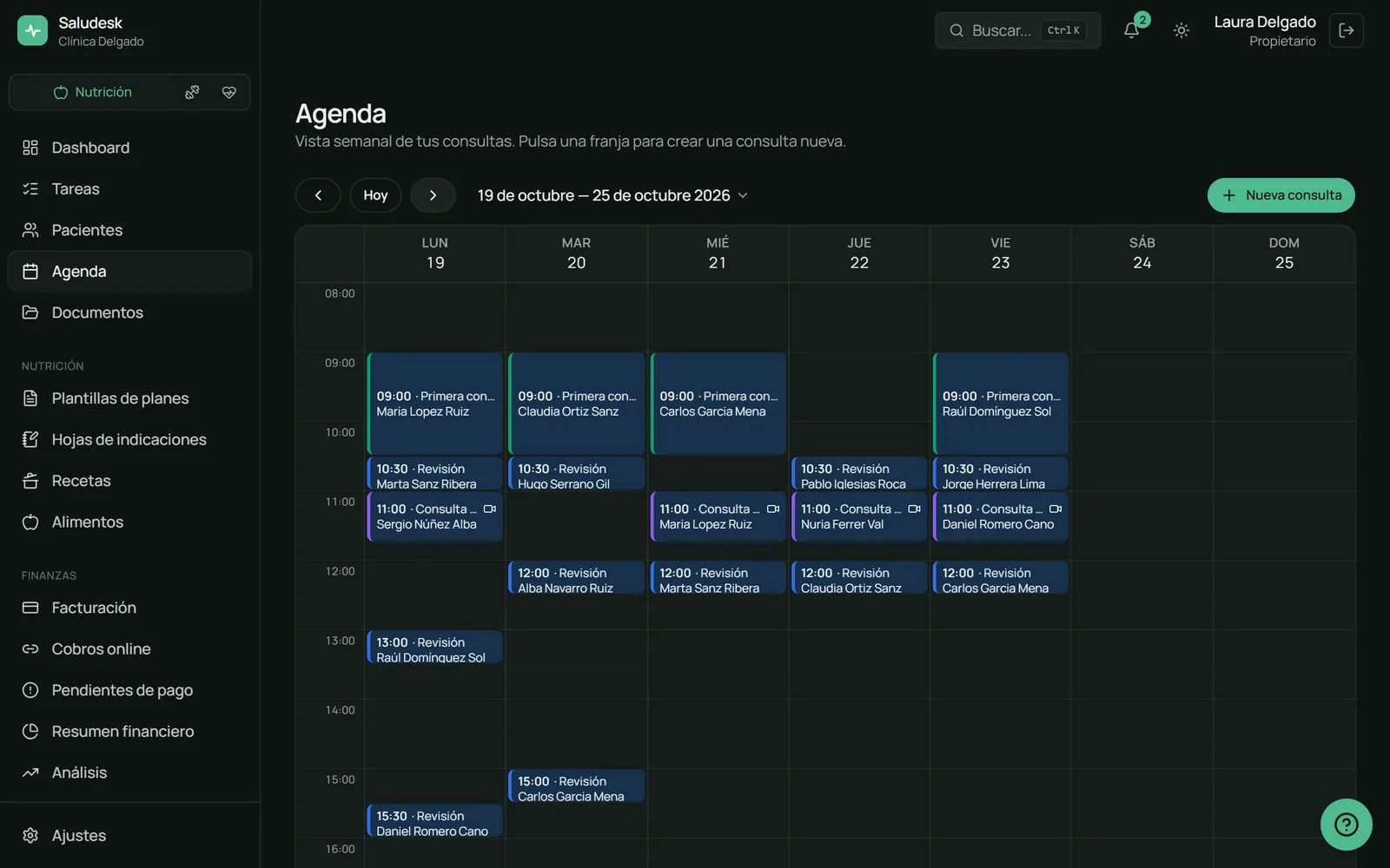 Agenda semanal de Saludesk con primeras consultas, revisiones y consultas online repartidas de lunes a viernes entre las 9:00 y las 16:00