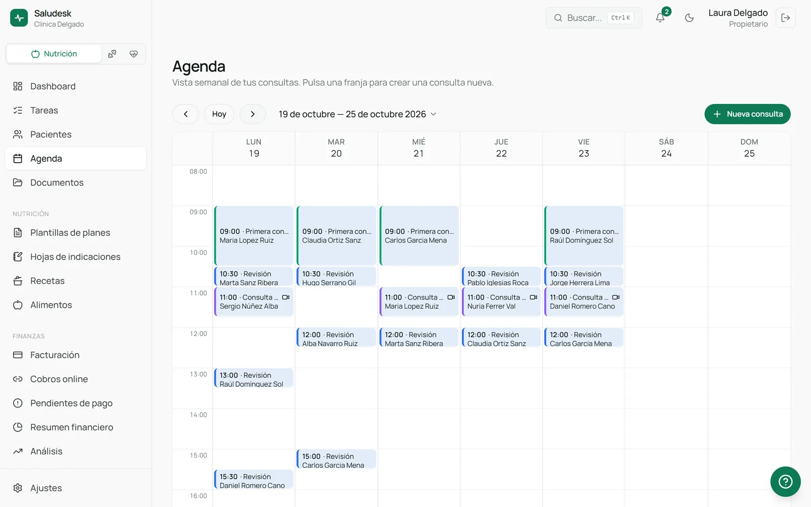 Agenda semanal de Saludesk con primeras consultas, revisiones y consultas online repartidas de lunes a viernes entre las 9:00 y las 16:00