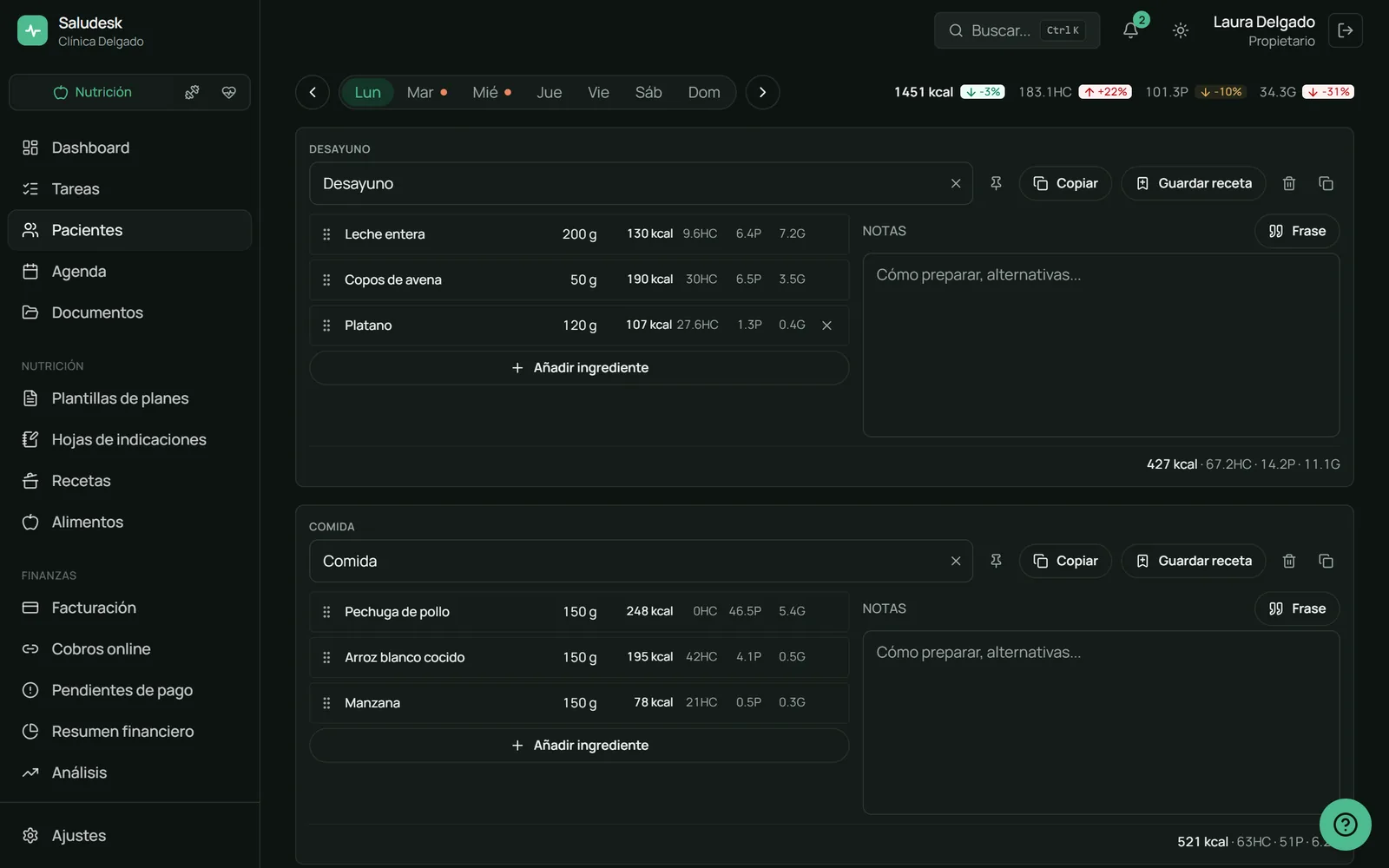 Editor de un día del plan en Saludesk, con alimentos, calorías y macros