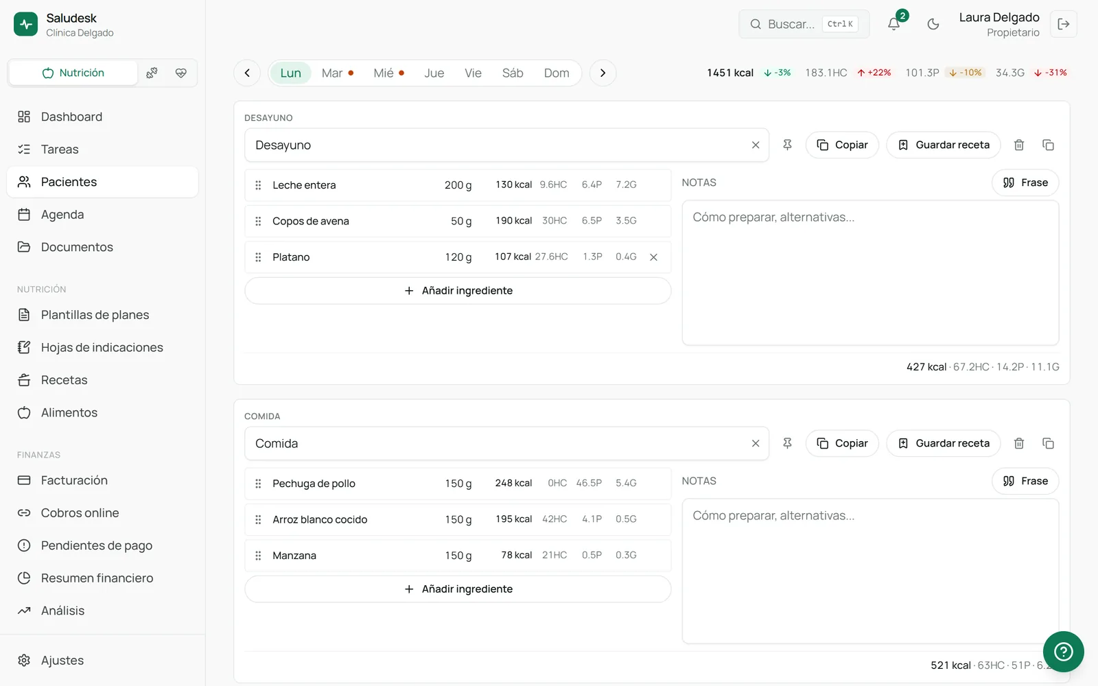 Editor de un día del plan en Saludesk, con alimentos, calorías y macros