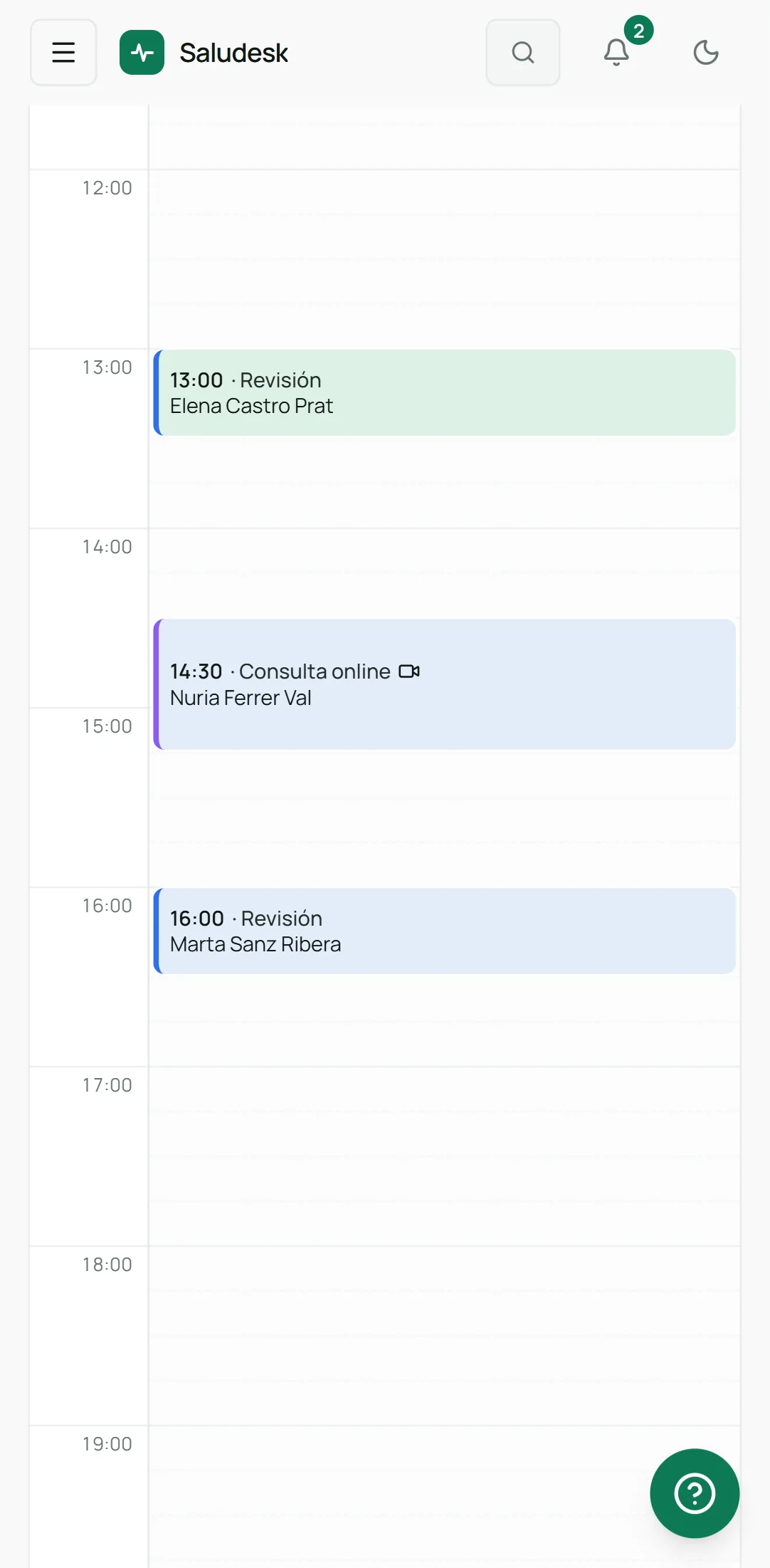Saludesk en el móvil: agenda en vista de día con una revisión a las 13:00, una consulta online a las 14:30 y otra revisión a las 16:00