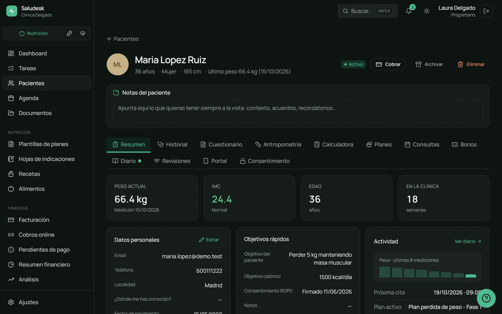 Ficha de un paciente de la cuenta demo de Saludesk