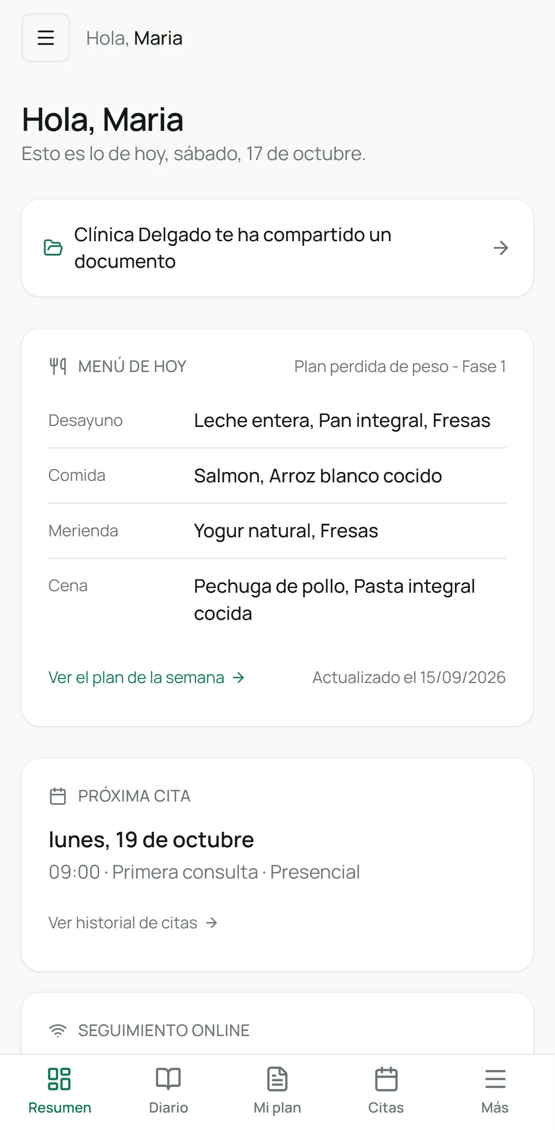 Portal del paciente en el móvil: próxima cita, plan nutricional, seguimiento online en curso y entrenamiento, con la barra inferior Resumen, Diario, Mi plan, Citas y Más