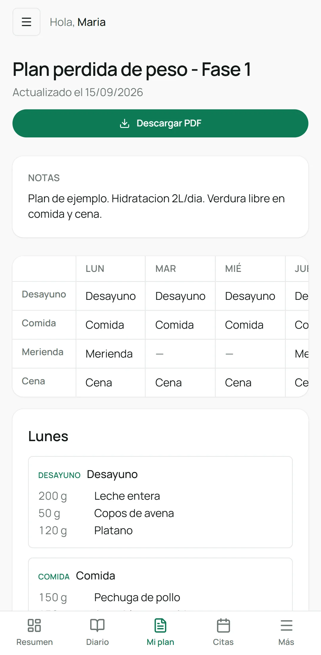 Plan de alimentación en el portal del paciente: botón para descargar el PDF, notas del profesional, cuadro semanal por comidas y detalle del lunes con gramos por alimento